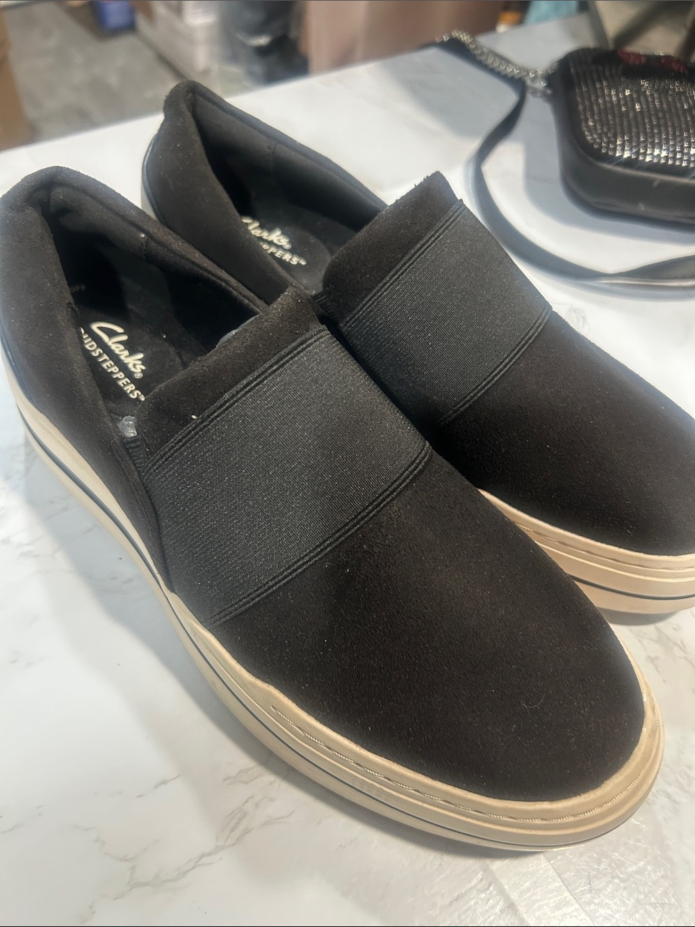 Clarks Black Slip-On Platform Loafers cloudsteppers